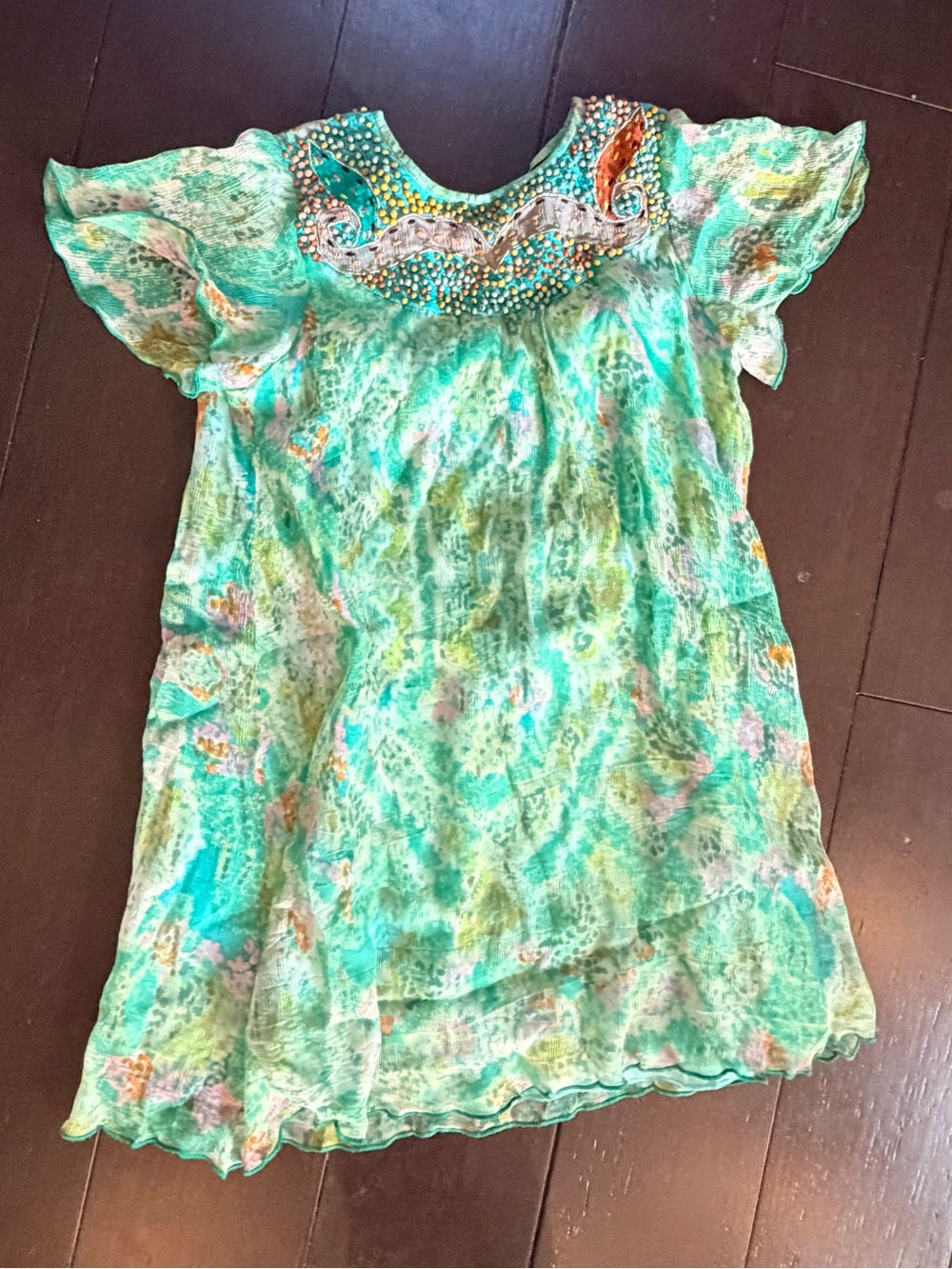 Antik Batik Green Embellished Flutter Sleeve Silk Dress with Beading